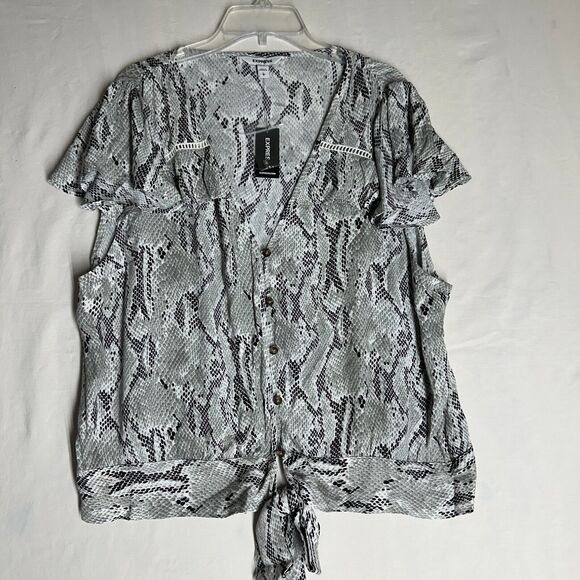NWT Express Womens Blouse Snake Python Front Tie Ruffled Soft Rayon Top Size L - Picture 4 of 10